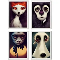 POSTER Set mit 4 Hören Tier im T Burton Goth Stil A4 Weißer Rahmen