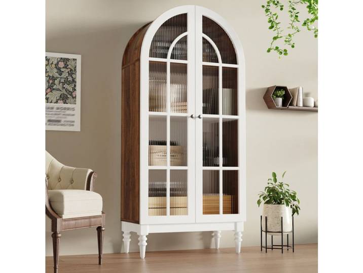 Buffet haut vitrine arquée 2 portes 3 étagères en verre nervuré salon salle à manger 76×38 5×165 cm - UVRION