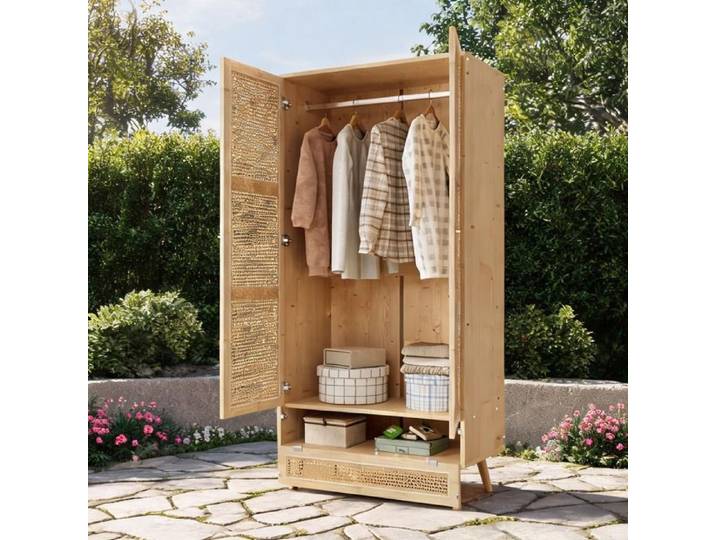 Grande armoire 2 portes avec penderie et abattant panneaux de particules et tressage PE en finition naturelle 90x45x183 cm