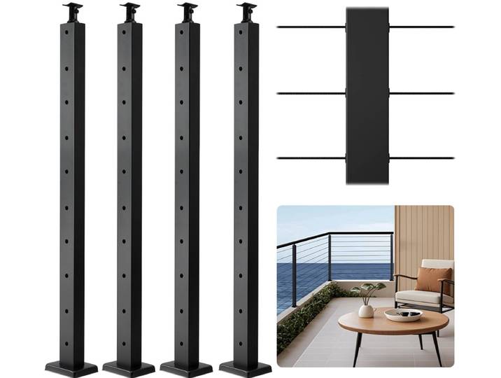 VEVOR Kabelleuningpalen\, 4-Pack\, 914 X 25\,4 X 50\,8 Mm\, voorgeboorde Horizontale Gaten\, Roestvrij Staal Sus304\, Gebogen Horizontale Beugel\, voor Leuning\, Balustrade\, Zwart