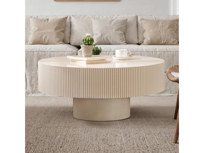 78Cm Trommel-Couchtisch, Moderner, Einzigartiger, Geriffelter Teetisch Zeitgenössischer Runder Couchtisch Aus Holz Mit Geriffelter Tischplatte Für Das Wohnzimmer (30.9 Round Off-White)