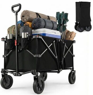 Costway 38 Inch 400 LBS Heavy-Duty Collapsible Wagon Cart with Adjustable Handle for Camping Garden-Black