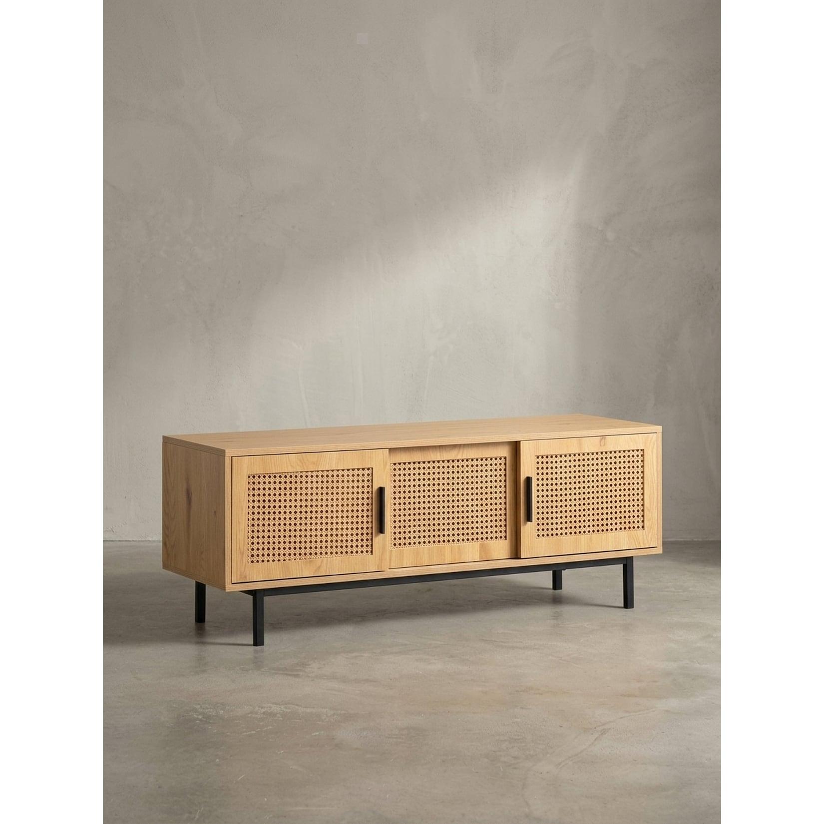 Lowboard Eiche-Dekor Zeitloser Stil 120x45,5x40 cm mit Wiener Geflecht und Schiebetüren