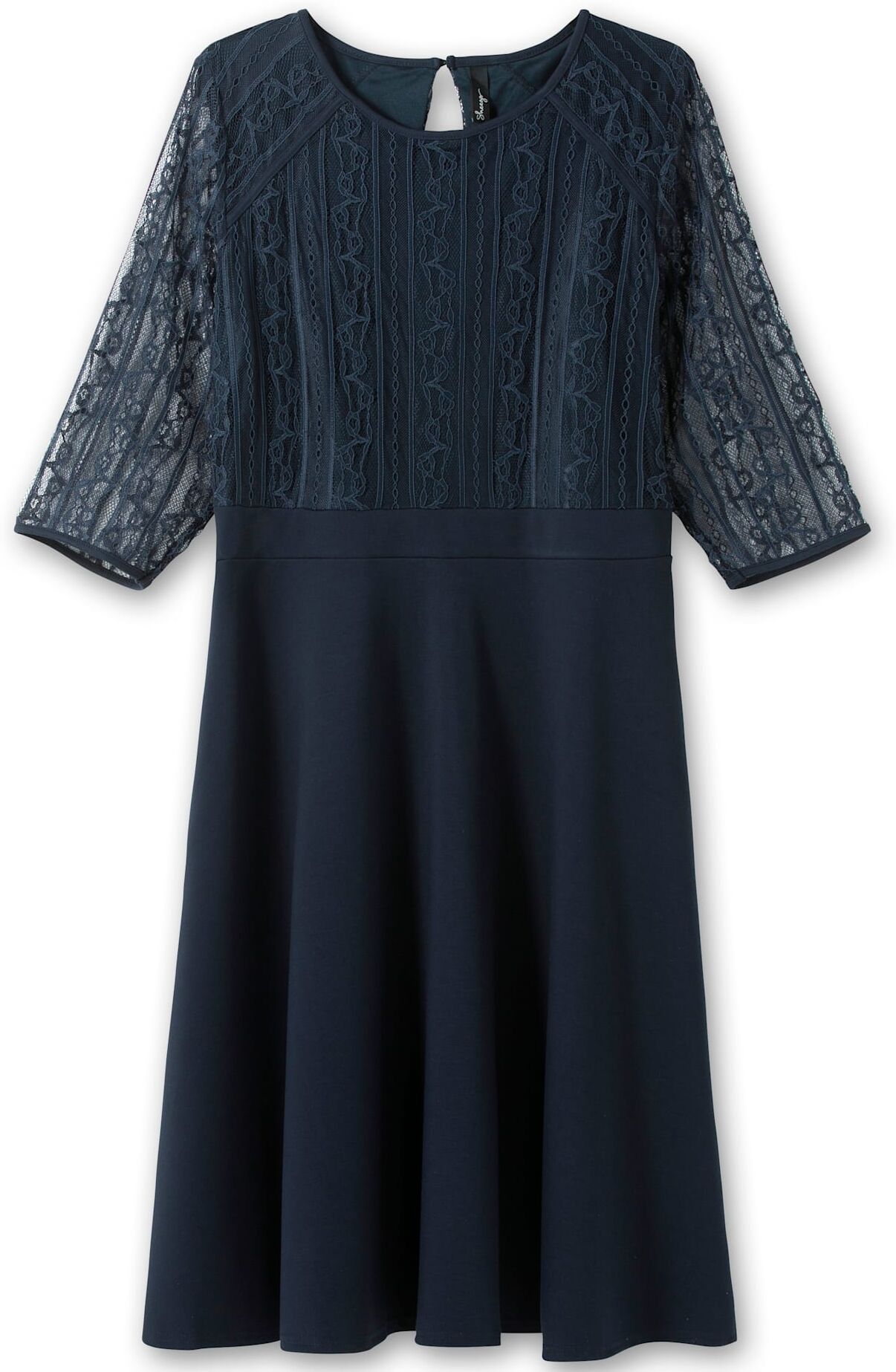 Cocktailkleid SHEEGO "Abendkleid", Damen, Gr. 56, Normalgrössen, blau (nachtblau), 60% Viskose, 35% Polyimid, 5% Elasthan, Spitze:100% Polyimid, unifarben, knielang, Rundhals, Kleider Cocktailkleid nachtblau 56, Normalgrössen