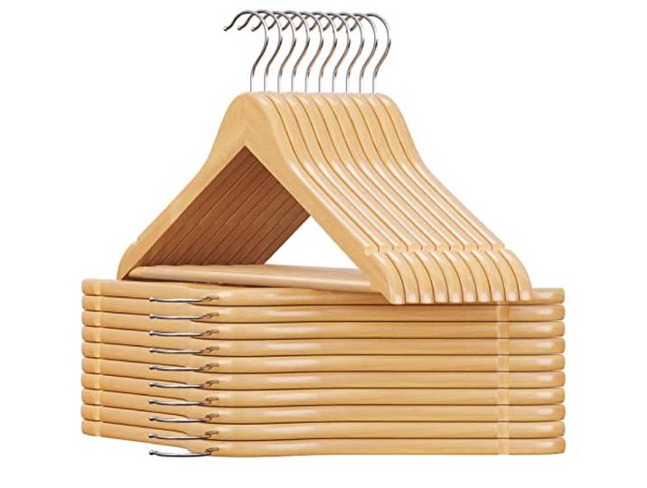 SONGMICS Houten kleerhanger, voor pakken, set van 20, massief houten kleerhanger, inkepingen in schouderpartij, anti-slip, jassen, hemden, broeken, 360° draaibare haak, natuur CRW001-20