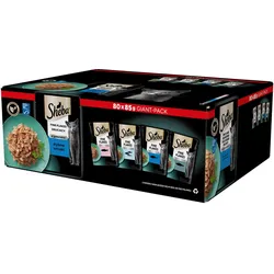 SHEBA Sachets 80x85g Delicacy Fischgeschmack - Nassfutter für ausgewachsene Katzen in Gelee, mit Lachs, mit Weißfisch, mit Thunfisch, mit Kabeljau