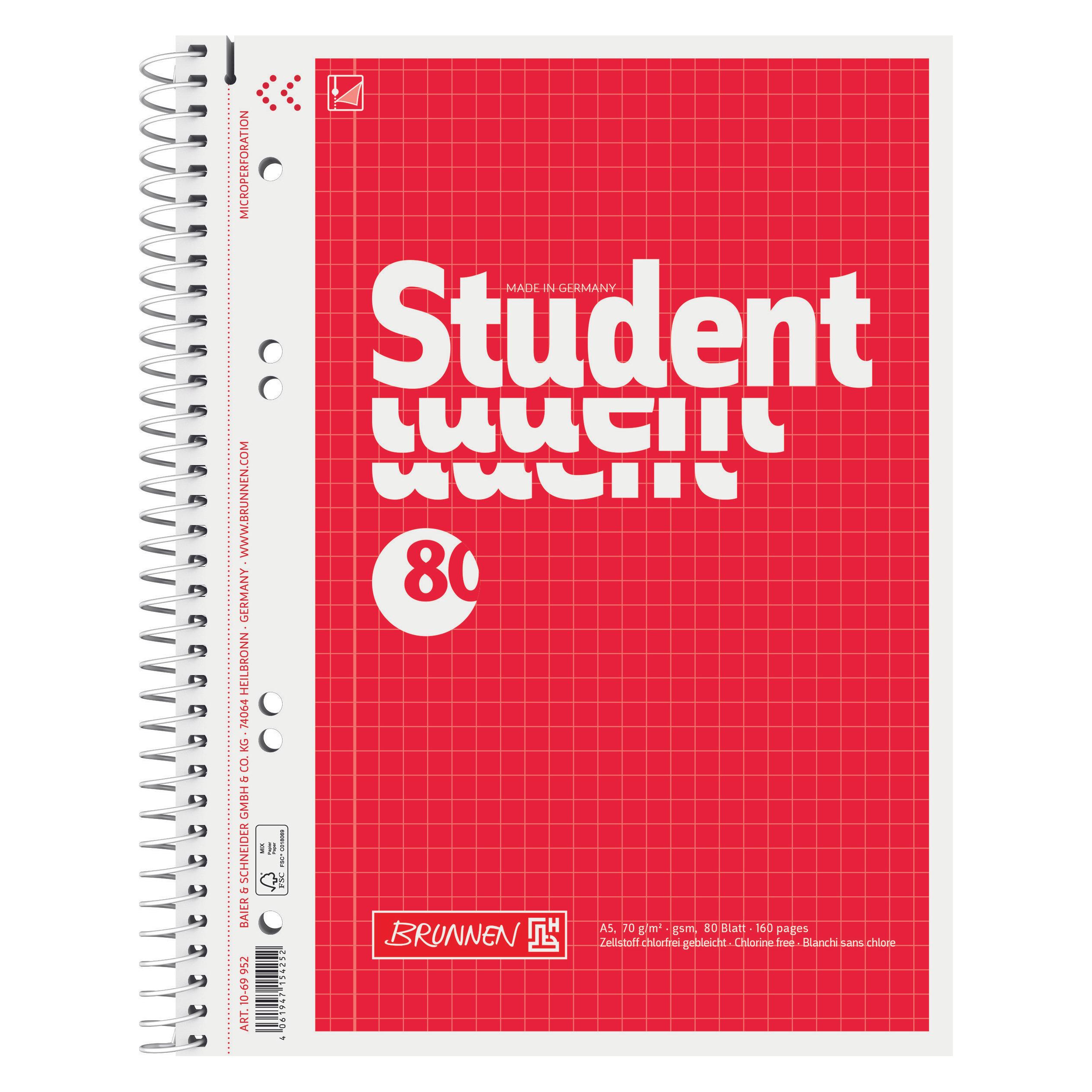 Brunnen Collegeblock Student | A5, Lineatur 5, 80 Blatt, rot (A5, Kariert) (71676720) Mindestbestellmenge: 5 Stück