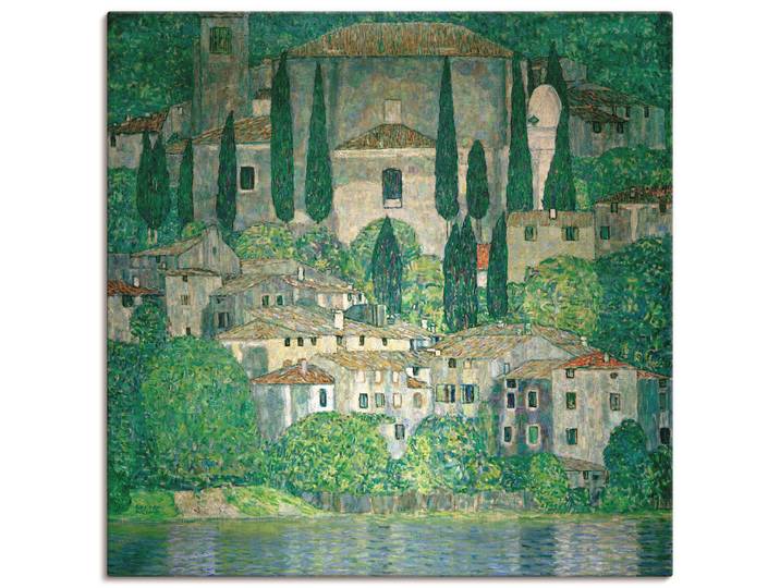 Leinwandbild ARTLAND Kirche in Cassone (Landschaft mit Zypres , grün (farbe bild(er): grün), B:70cm H:70cm, Bilder, Leinwandbild, auf Holzrahmen gespannt