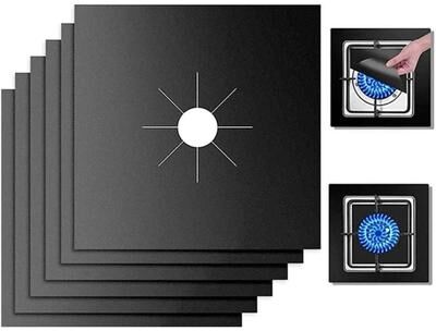 Inspired Living Premium Reusable Gas Stove Top Covers Non Stick, Heat Resistant, Cut to Fit Protectors 6pcs Black