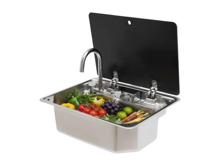 Wohnmobil Waschbecken mit Glasdeckel 50x38cm für Camping Küche 304 Edelstahl, gehärtetes Glas, Flip-Top, 2 Armaturen, Kalt/Warmwasser, kompakte Arbeitsplatte, Wohnwagen, Reise, Outdoor