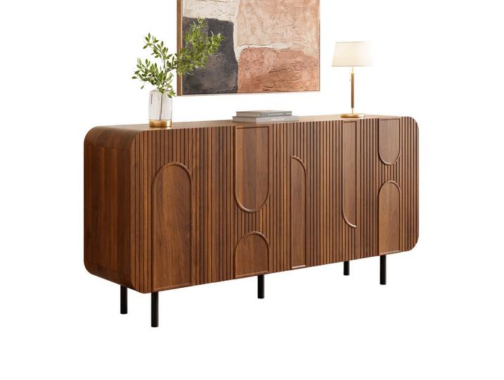 Flieks Sideboard Mid-Century 4 Türen Nussbaum 8 Fächer modern, Walnussfarben, 40x79x160 cm, Kleinmöbel, Kommoden, Sideboards
