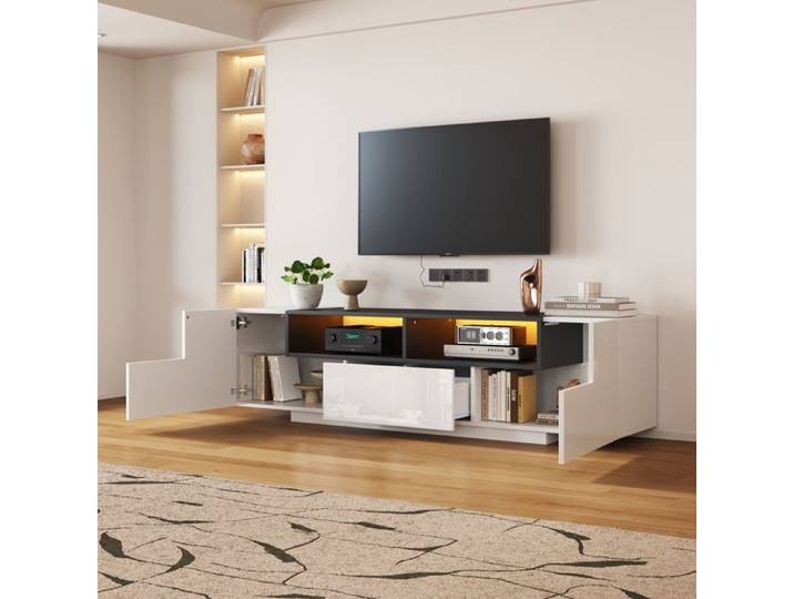 Meuble TV 180 x 40 x 48 cm avec LED 1 tiroir et rangements façade brillante blanche pour TV jusqu'à 75