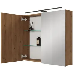 Planetmöbel ARIA Spiegelschrank 80 cm Gold Eiche mit schwarzer LED-Leuchte und Steckdosenbox 230 V