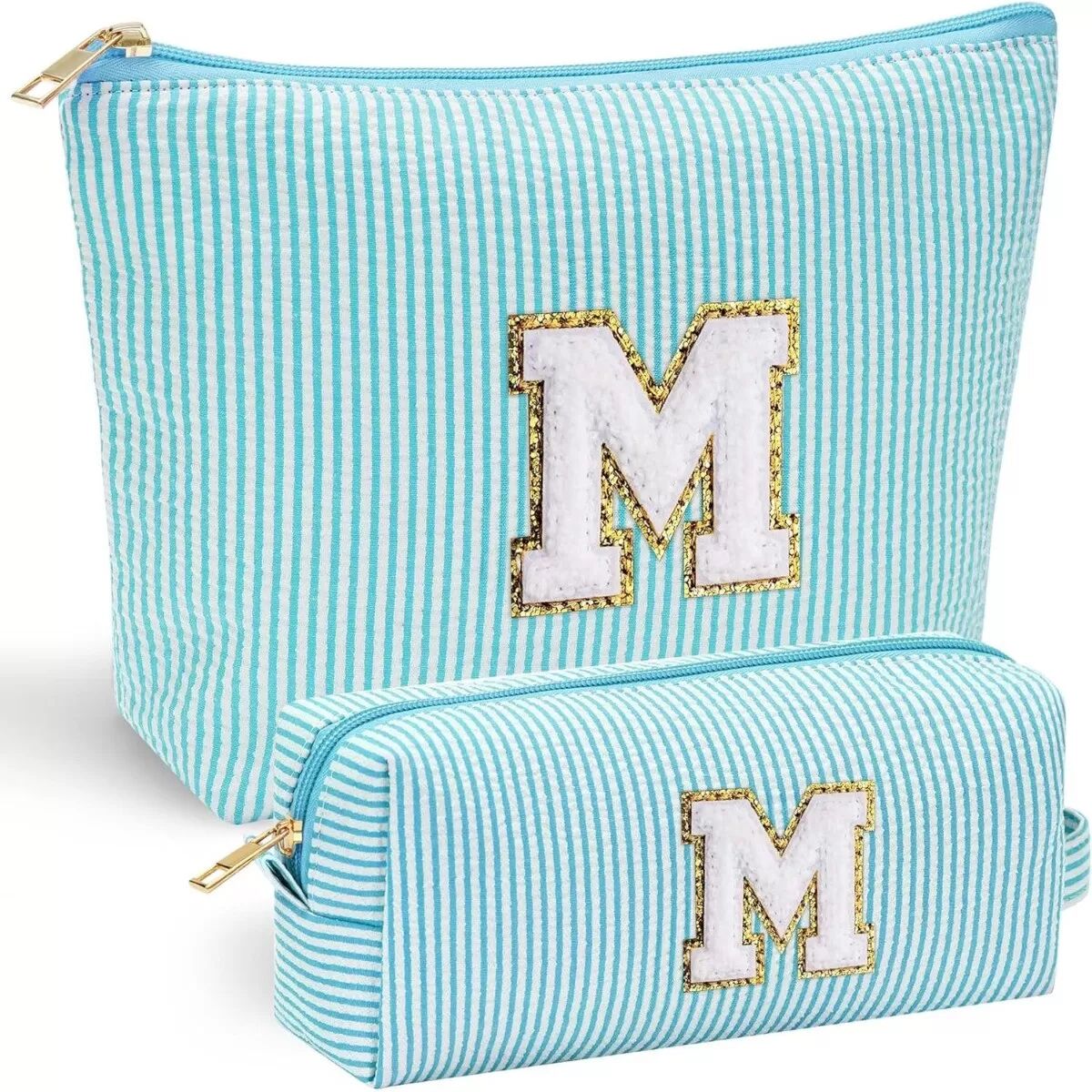INF Ensemble de 2 trousses de maquillage de voyage avec lettre M - Tissu Oxford, Bleu