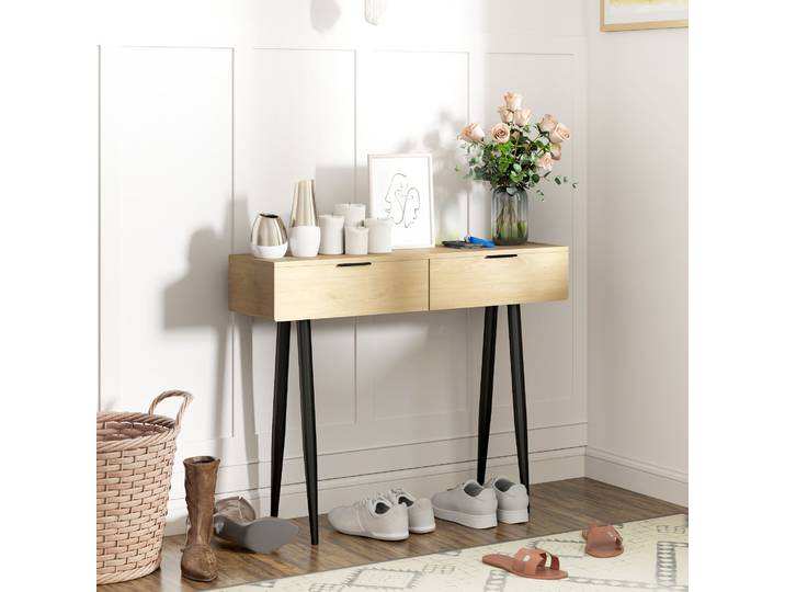 HOMCOM Table Console Nordique 2 Tiroirs Chêne Pieds Acier