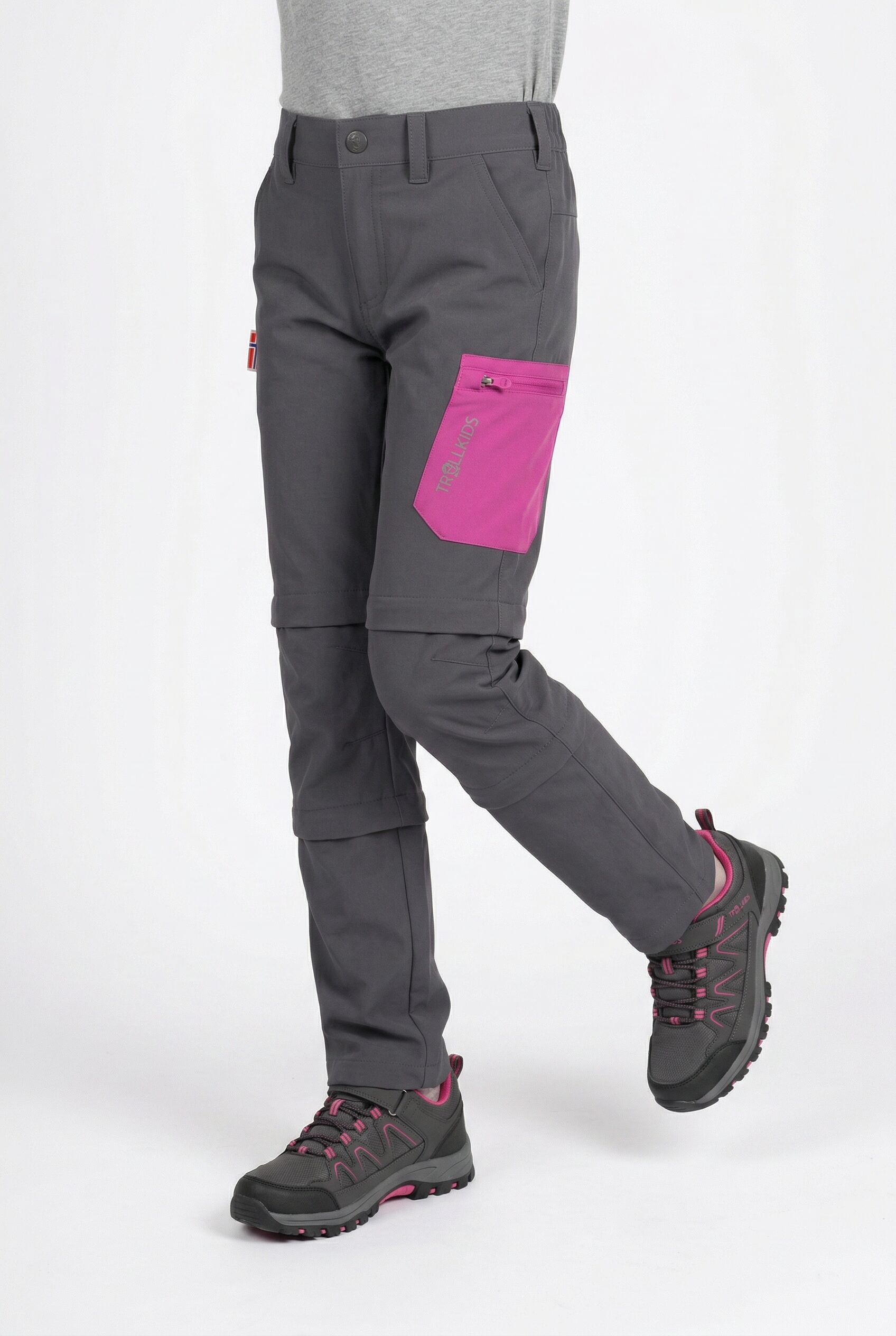 Zip-off-Hose TROLLKIDS "Kids Preikestolen Double Zip-Off Pants", Damen, Gr. 164, N-Gr, grau (graphite, fresh berry), Web, Obermaterial: 90% Polyamid, 10% Elasthan, Hosen Zip-off-Hose, doppelte Zip-off-Funktion, atmungsaktives Material, schnelltrocknend gr