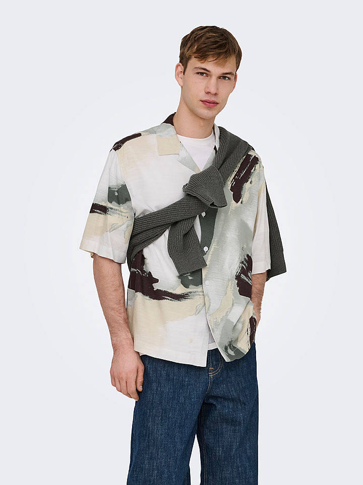 ONLY & SONS Hemd "Onsharvi" - Relaxed fit - in Grau/ Beige/ Grün - S