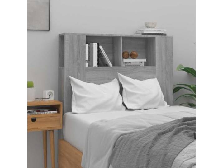 Kopfteil mit Einlegeböden, Sonoma Eiche grau, 100x18,5x102,5 cm, 4 Ablagefächer, modernes Kopfteil mit Regal, Holzwerkstofffester, stabil