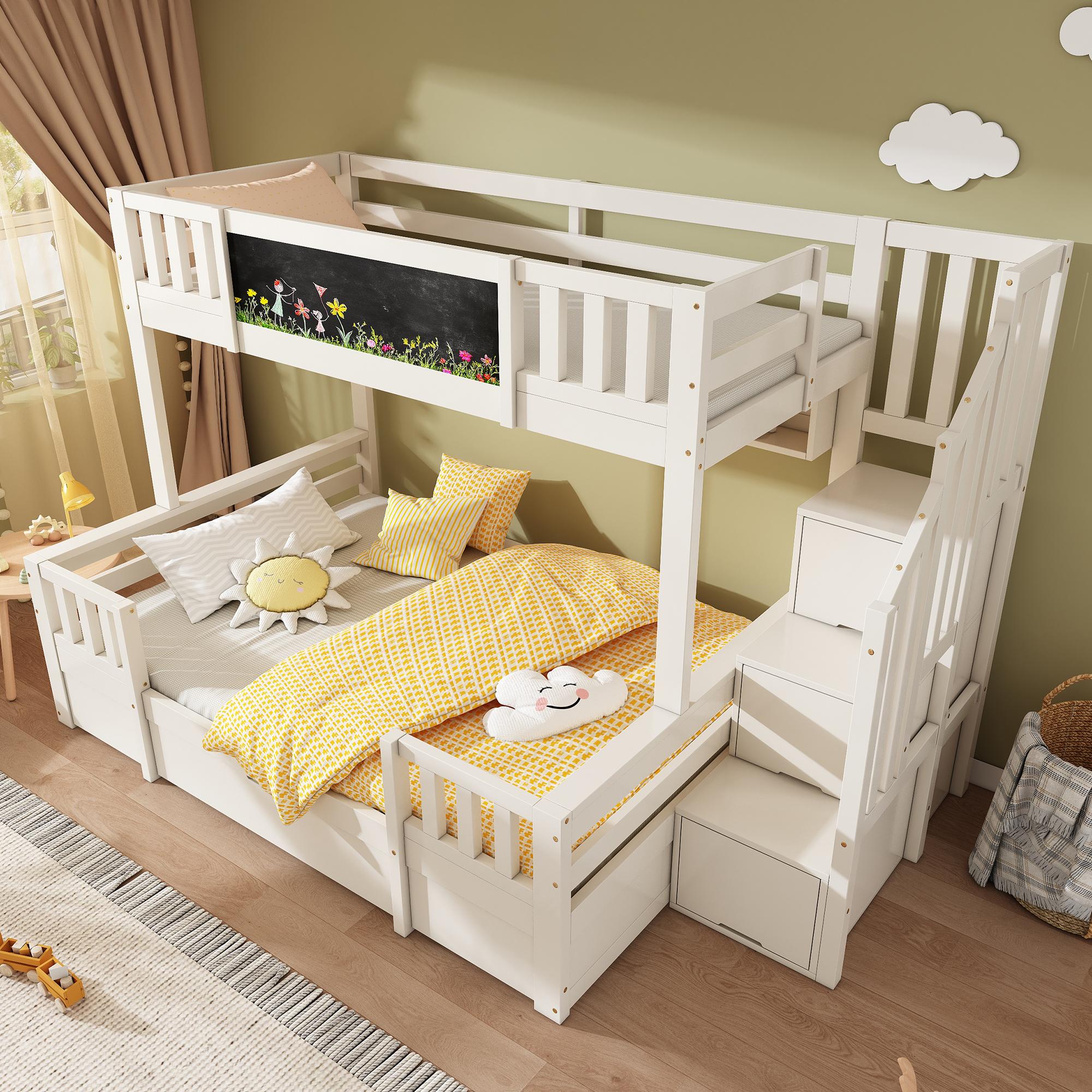 okwish Etagenbett 90/140x200 Stockbett mit Schubladen auf Rollen,Bettgestell Holzbett mit integrierter Leiterschrank,Weiß(mit Matratze)