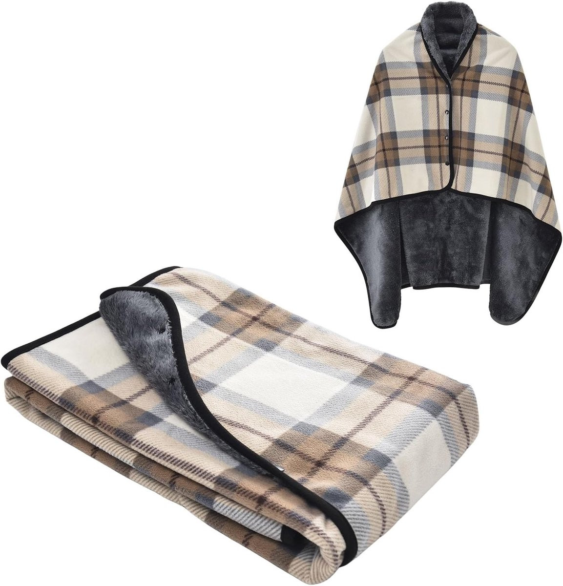 Geruite fleece poncho deken met knopen voor volwassenen