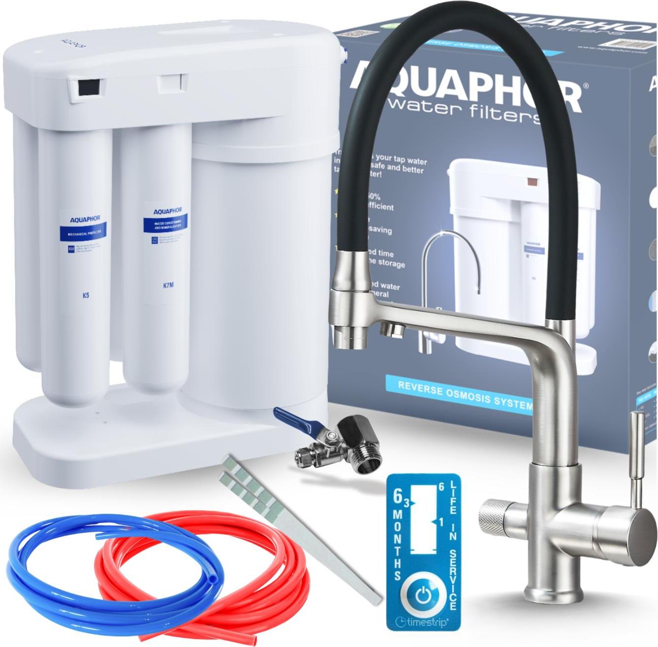 Wasserfilter Set Aquaphor Morion mit 3-Wege Küchenarmatur Ari, ausziehbare Brause, 360° schwenkbar, Edelstahl