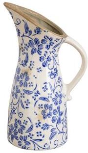 Nearly Natural 10.5-in Floral Tuscan Ceramic Blue Scroll Pitcher Vase