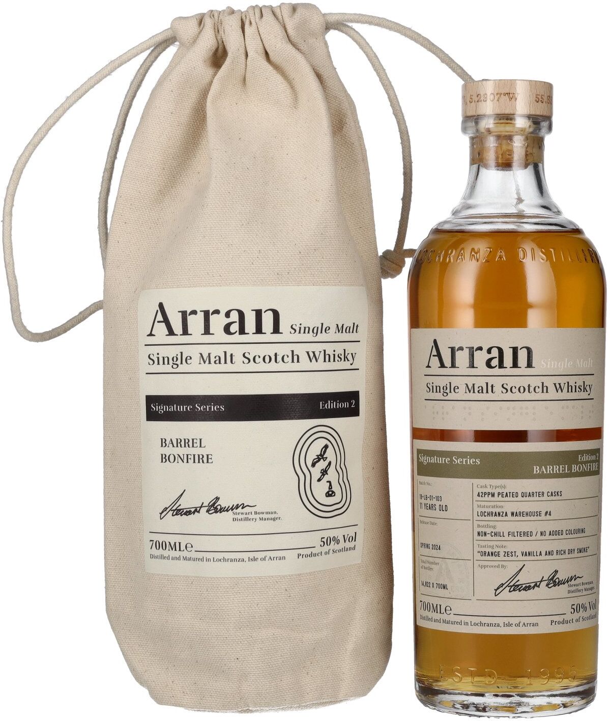 Arran Whisky The Arran Malt Signature Series 2 BARREL BONFIRE Single Malt Scotch Whisky 50% Vol. 0,7l im Leinensackerl