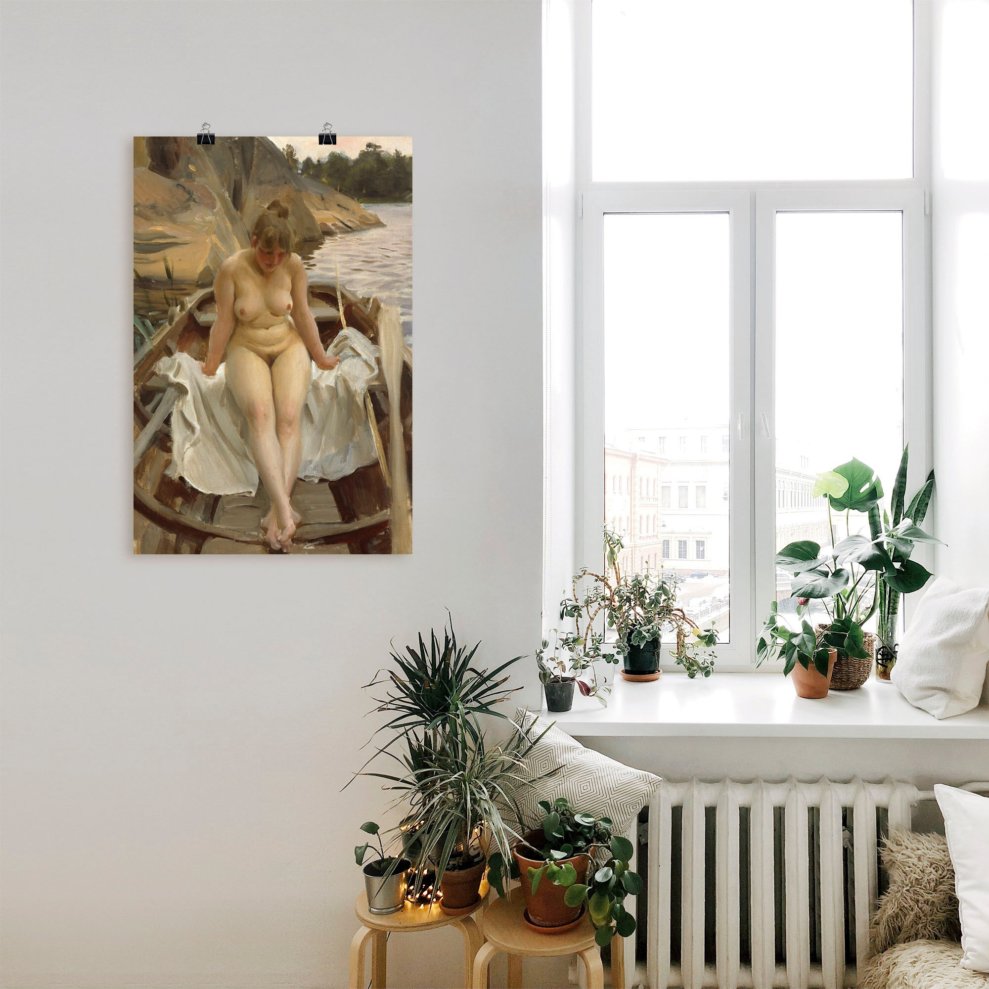 Wandbild ARTLAND "In Werners Ruderboot", beige (farbe bild(er): naturfarben), B:40cm H:60cm, Bilder, Wandbild, auf Holzrahmen gespannt farbe bild(er): naturfarben B/H/T: 40cm x 60cm, Poster Erotische Bilder Hochformat, 1 Stk.