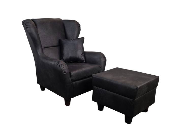 Ohrensessel mit Hocker Landhaus Polster-TV-Lesesessel Lederoptik Vintage Schwarz / 18007