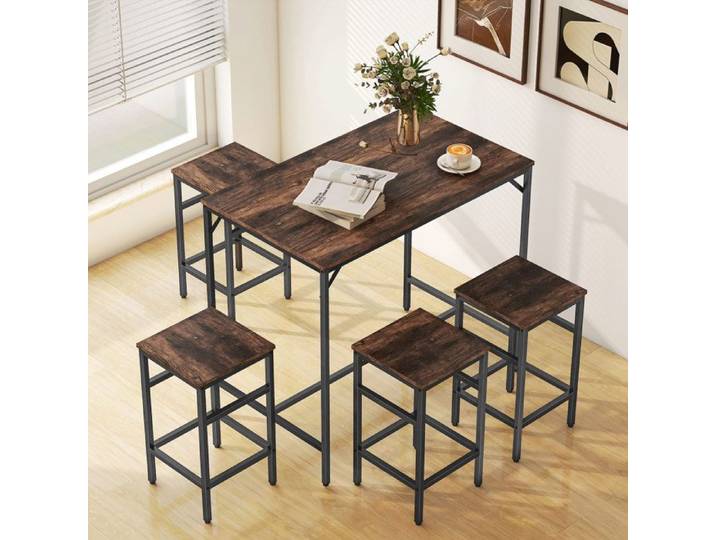 Set table de bar extensible - PAGE LIVING - Style industriel moderne - 100x60x88 cm - Marron rustique - 4 tabourets rangeables
