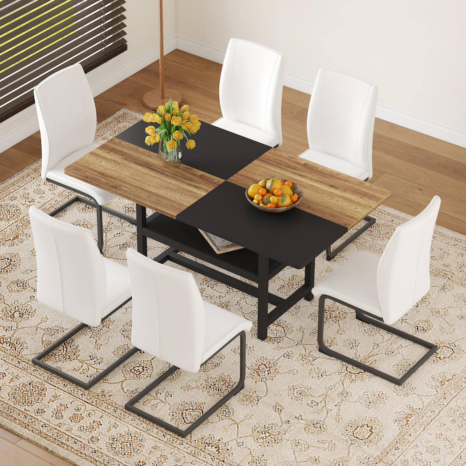 STILVORA Eettafelset met 6 witte stoelen en multifunctioneel opbergrek, wit kunstleer