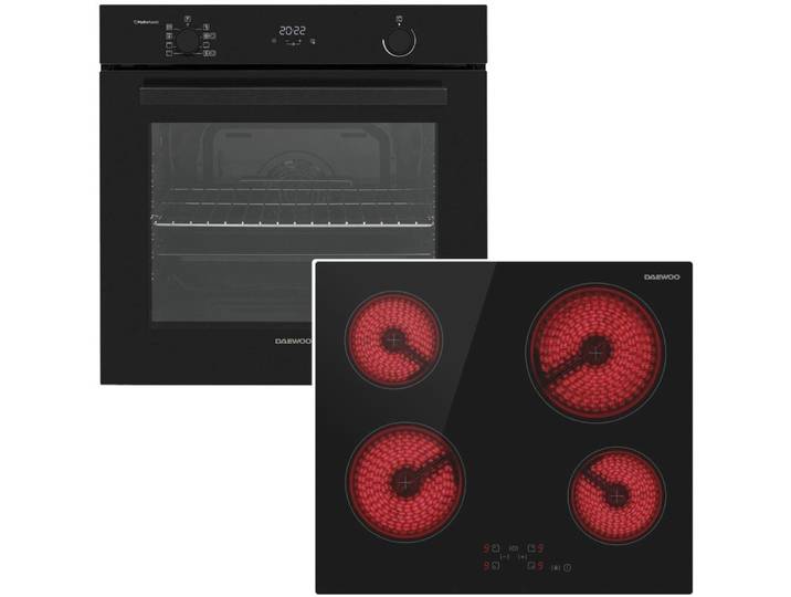 Daewoo Backofen-Set 78L Pyrolyse SoftClose AntiFingerprint Glaskeramik Kochfeld Timer, Pyrolyse-Selbstreinigung
