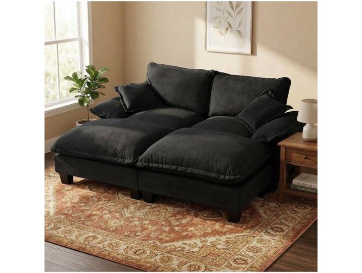 ELVORIN Canapé d angle Cloud 194 x 151 x 90 cm chenille noire 2 ottomanes amovibles 2 coussins
