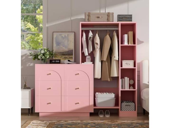 RAPRAP Rosa Kombi-Kleiderschrank Offene Garderobe 6 Schubladen Regale Moderner Mehrzweck-Kleiderschrank, Schlafzimmer-Aufbewahrungsschrank, 139 × 35 × 133cm