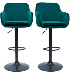 Barhocker höhenverstellbar aus petrolblauem Samt und schwarzem Metall (2er-Set) AMIKA