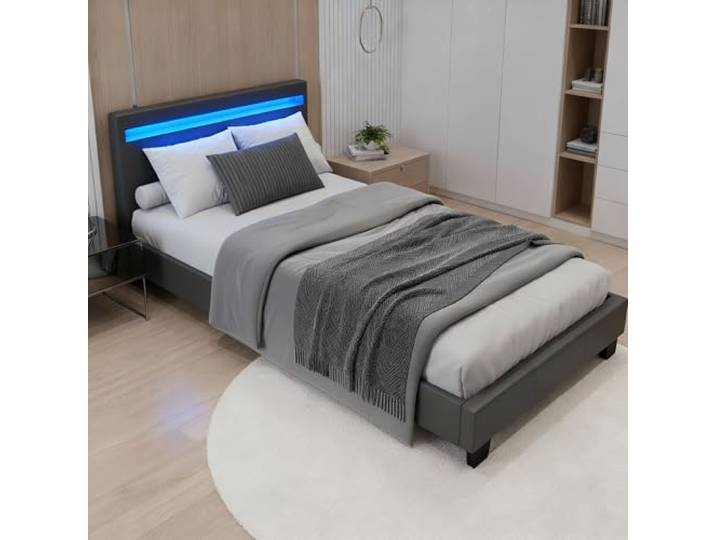 Juskys Polsterbett Paris 90x200 grau mit LED Beleuchtung, Webstoff Stimmungslicht in 16 Farben per Fernbedienung, Jugendbett mit Lattenrost, Kopfteil, ohne Matratze