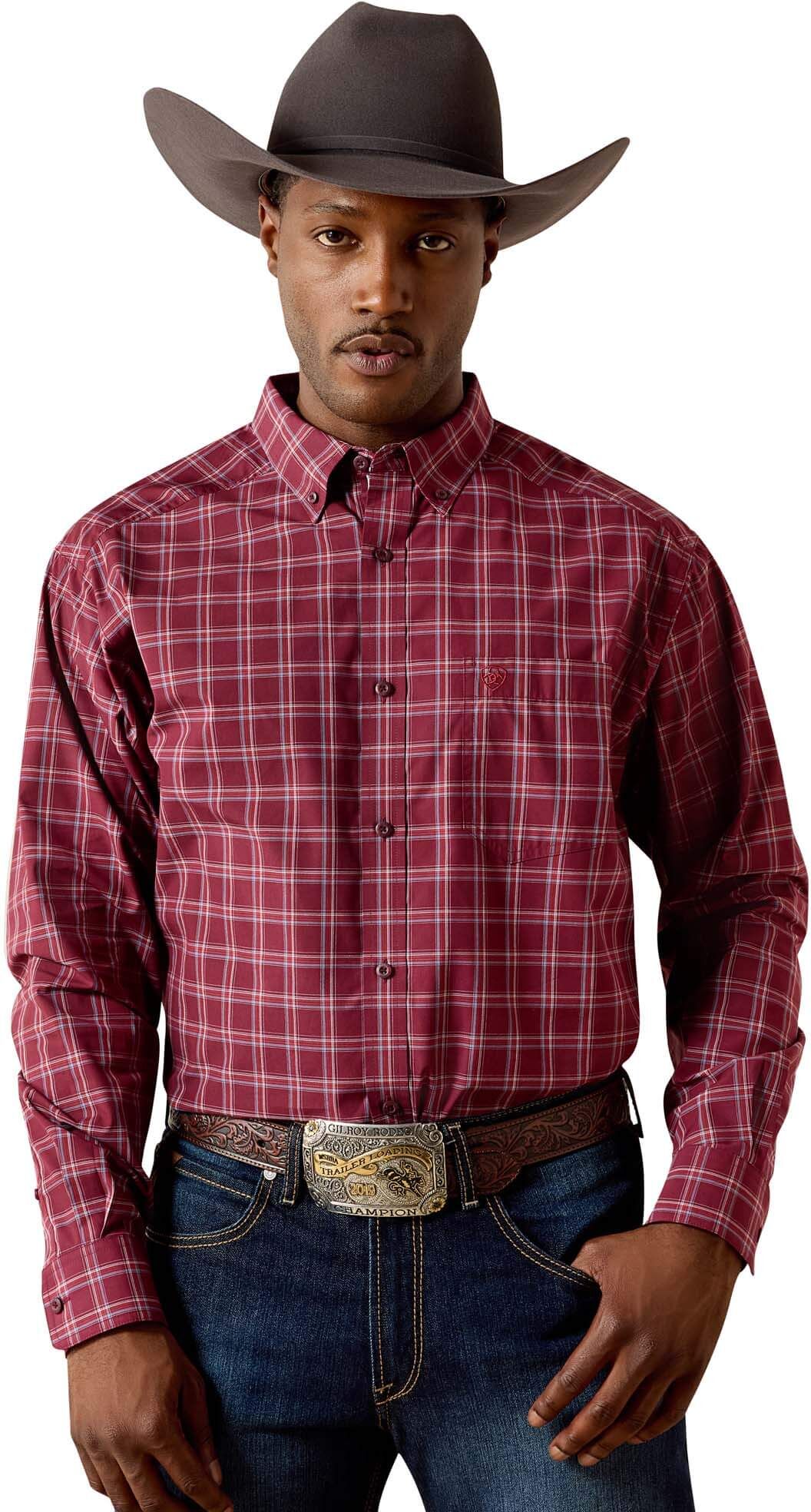 Men's Pro Series Tidus Classic Fit Shirt in Maroon Banner Plaid, Size: Small by Ariat