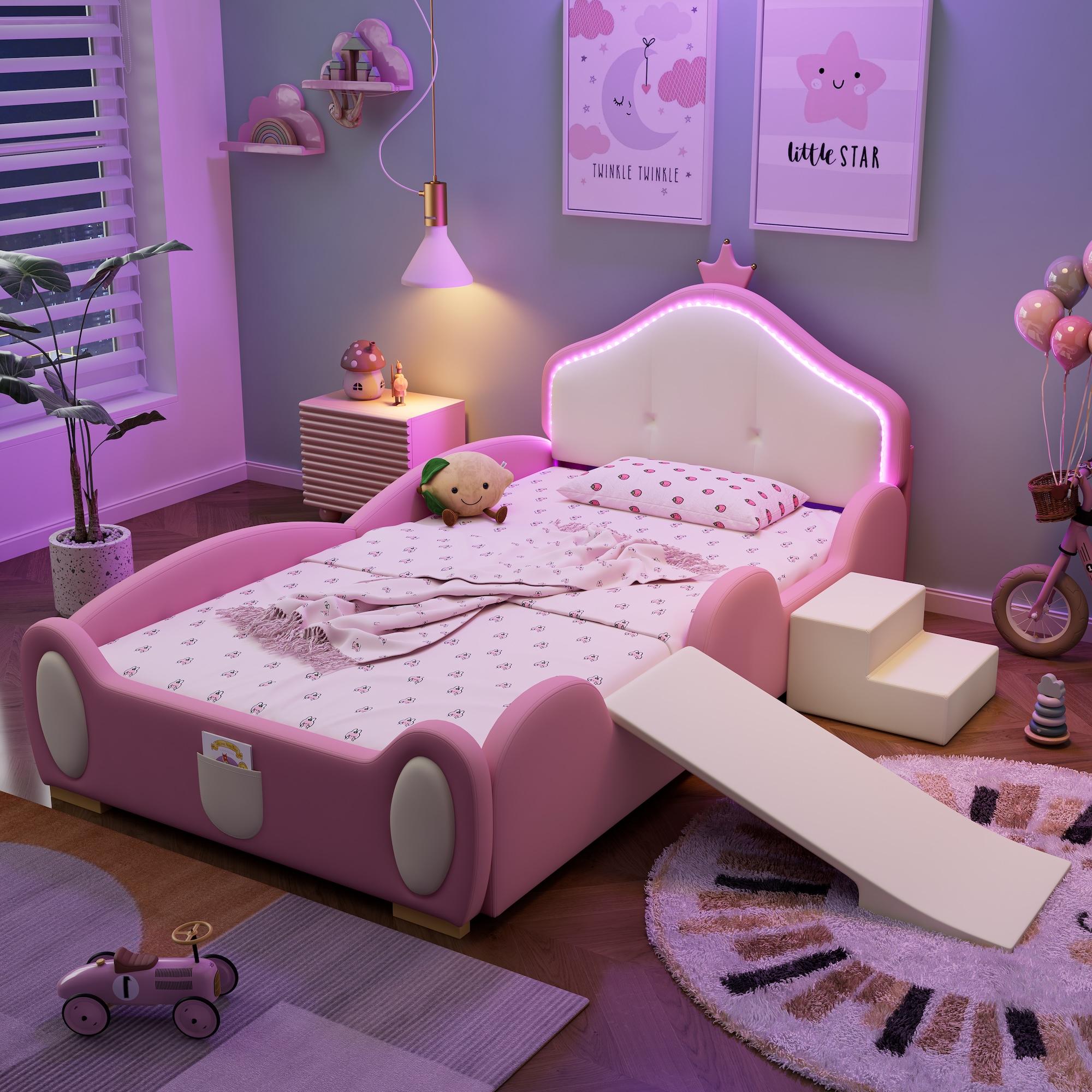 Prinzessinbett mit LED-Streifen und Rutsche, 90x200 cm, Mädchenbett, Polsterbett für Mädchen, Einzelbett, Spielbett