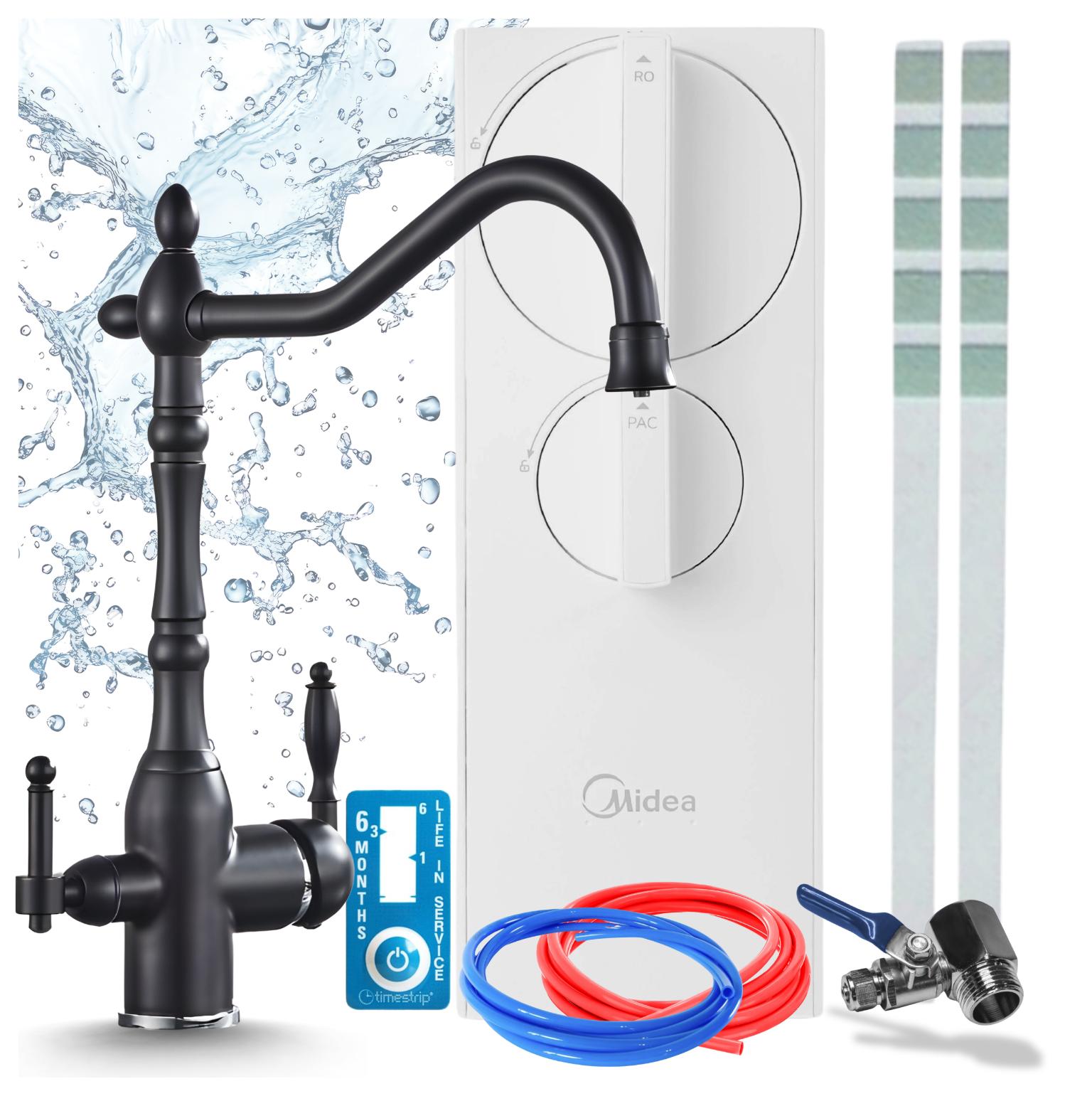 Küchenarmatur Mit Umkehrosmose-Wasserfiltersystem Ari Retro 2, Zweigriffarmatur, 360-Grad-Schwenkbar, Keramikkartusche, 400Gpd, Messing, Schwarz Matt