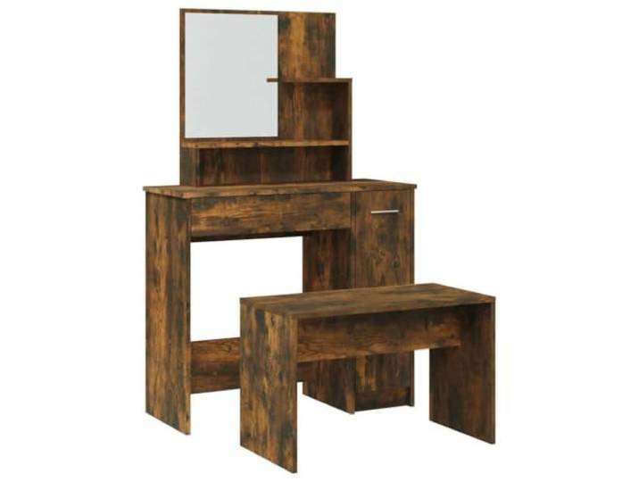 Schminktisch-Set, rauchfarbene Eiche, 86,5 x 35 x 136 cm, mit Hocker und Holzwerkstoff, glatte Oberfläche, Feuchtigkeitsbeständigkeit, große Lagerung, Verwendung im Schlafzimmer, Umkleideraum