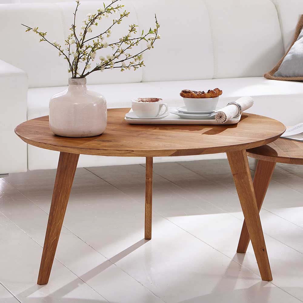 Pharao24.de Runder Couchtisch aus Wildeiche Massivholz Retro Design