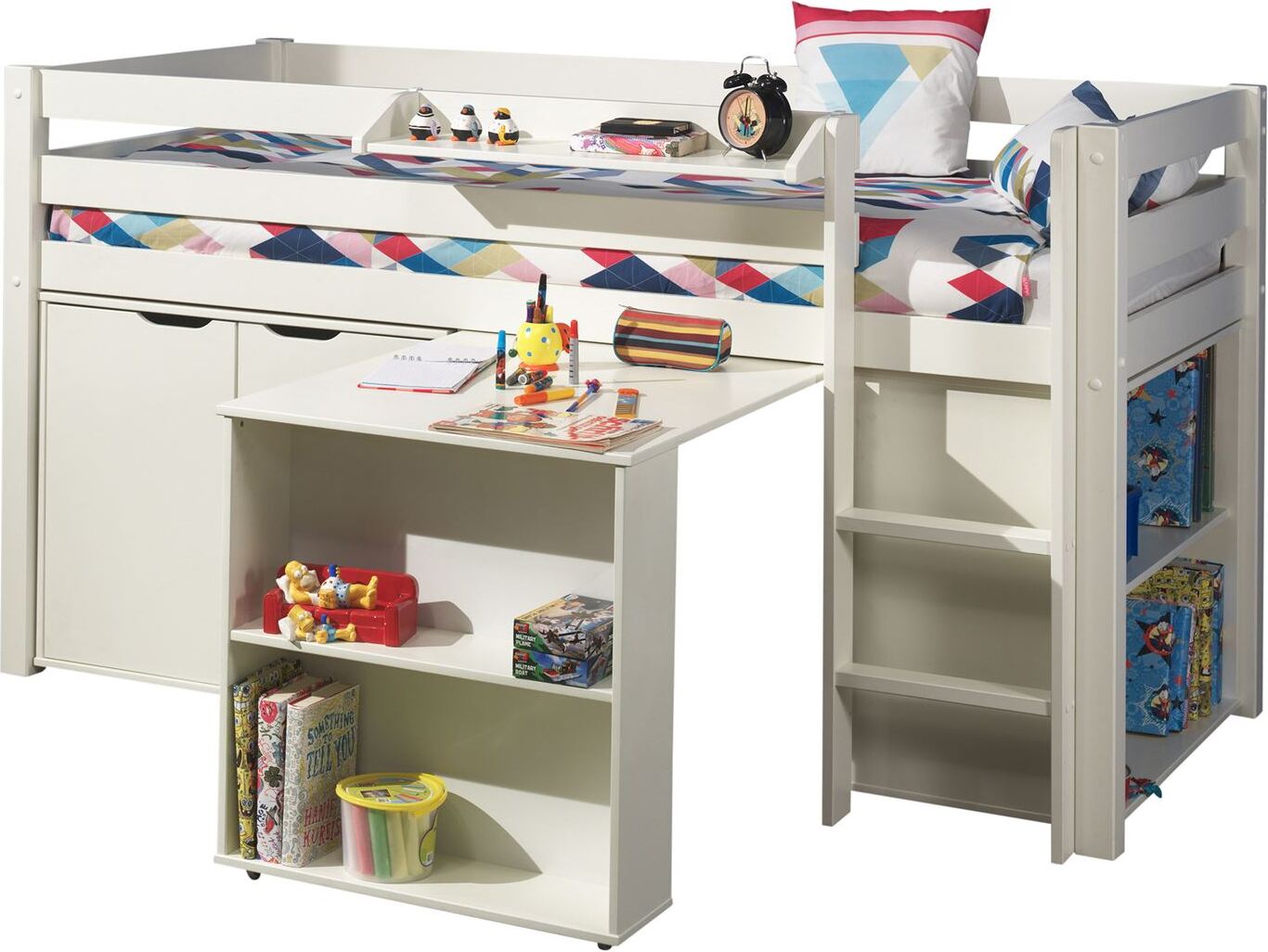 Kinderbett Karolina 210x114x106 Massivholz+MDF Weiß Schrank
