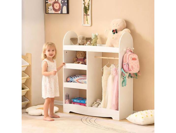 LALAHO Armoire Enfant Dressing avec Portant 4 Étagères et 3 Crochets Blanc
