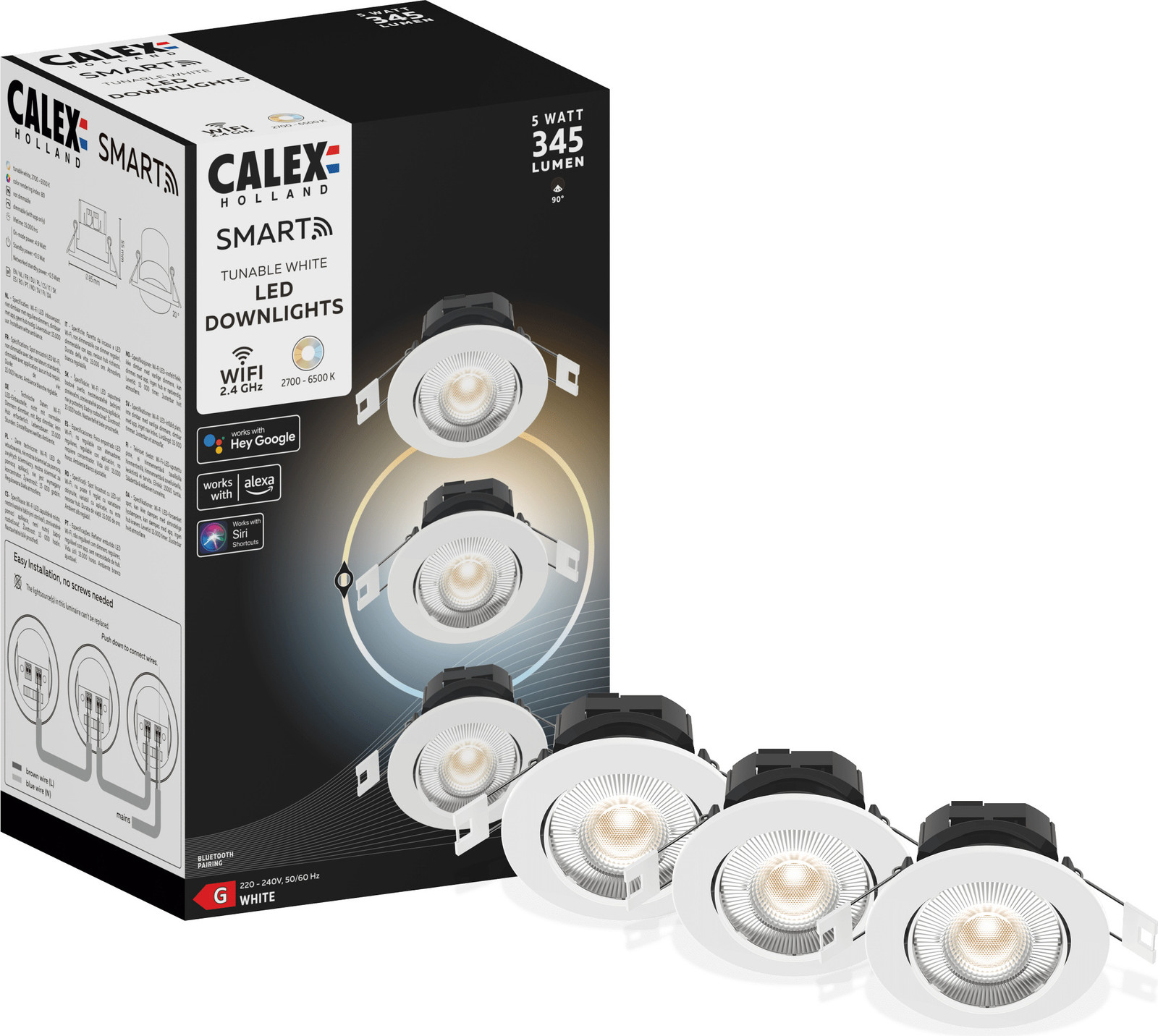 Calex Smart LED inbouwspots, wit, kantelbaar, RGB en dimbaar, set van 3