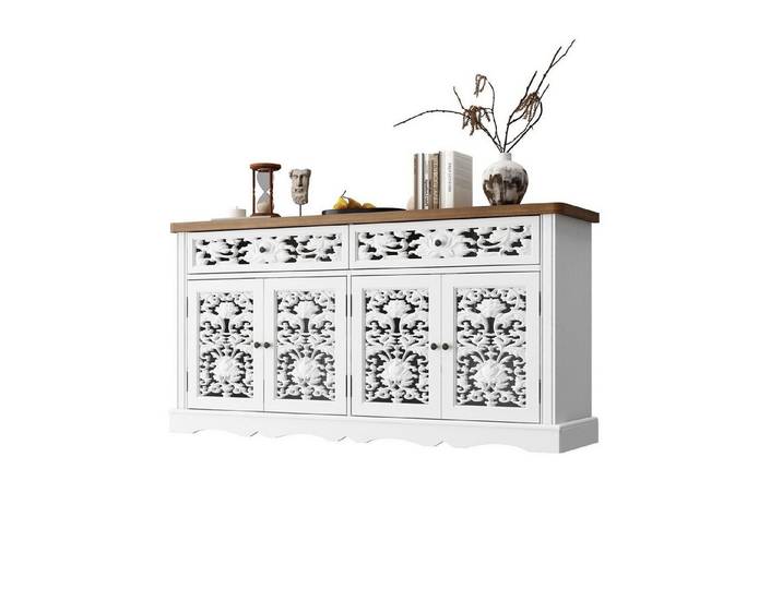 FUFU&GAGA Sideboard mit Schnitzfront, Vintage Landhaus Kommode, Weiß & Holz