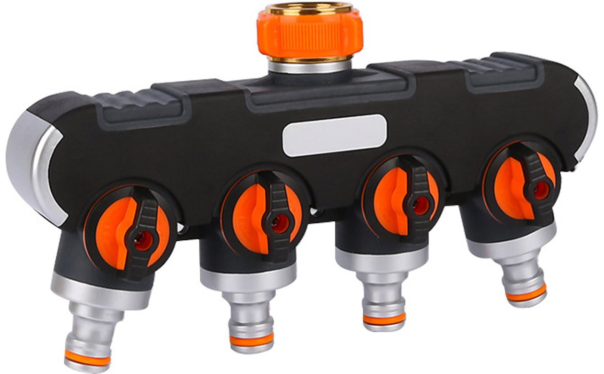 Verstelbare 4-weg waterverdeler met flow control, 3/4 inch en 1/2 inch, zwart aluminium en rubber