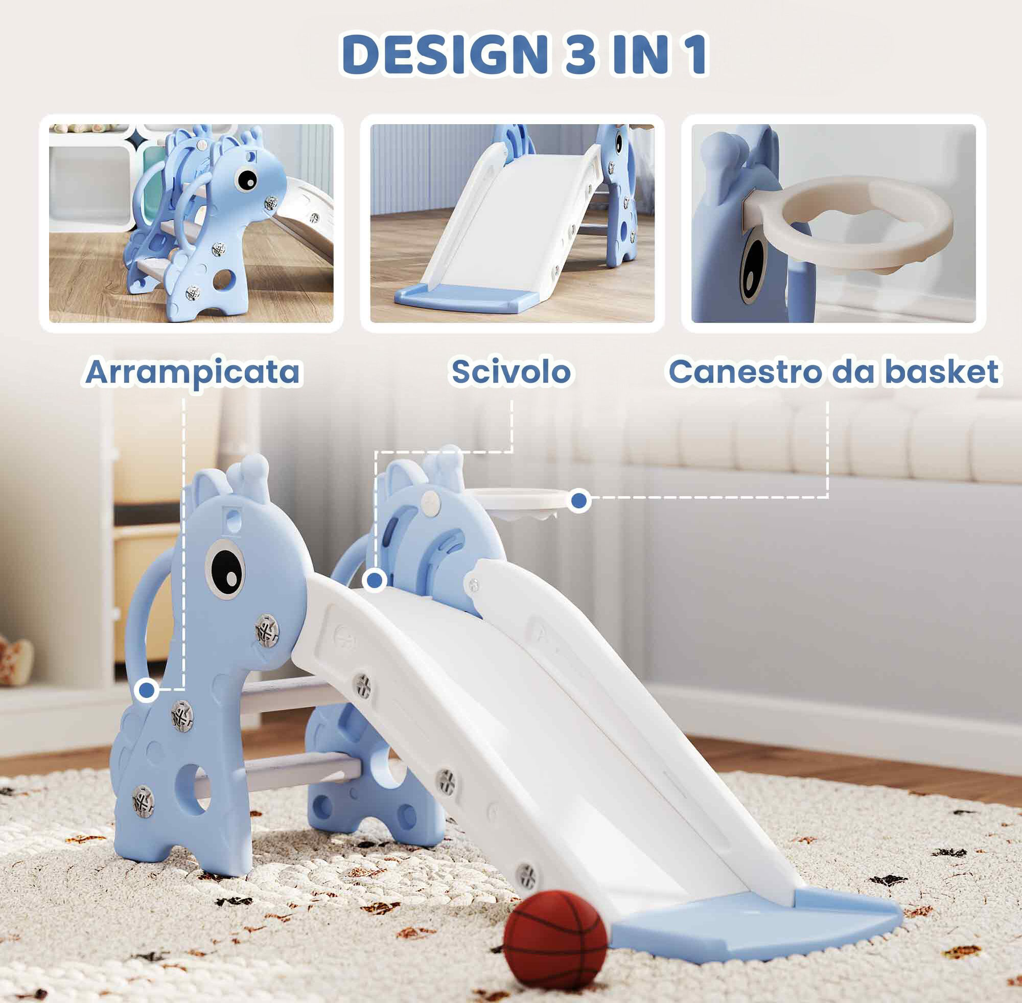 Altro Scivolo Per Bambini Con Scaletta, Canestro Da Basket E Pallone, Design Giraffa, Per Bambini 1-3 Anni, Blu