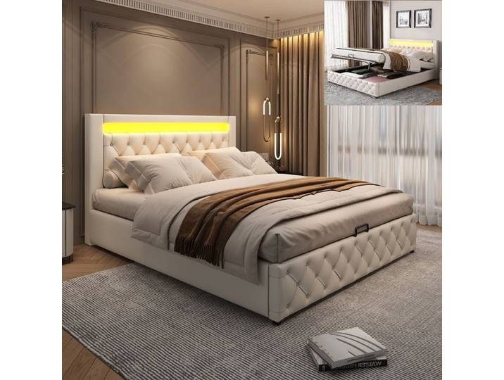 Lit rembourré 160x200 cm - GUTENT - Éclairage LED - Rangement - Blanc