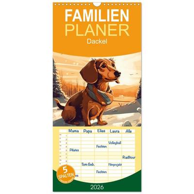 Familienplaner 2026 - Dackel mit 5 Spalten (Wandkalender, 21 x 45 cm) CALVENDO