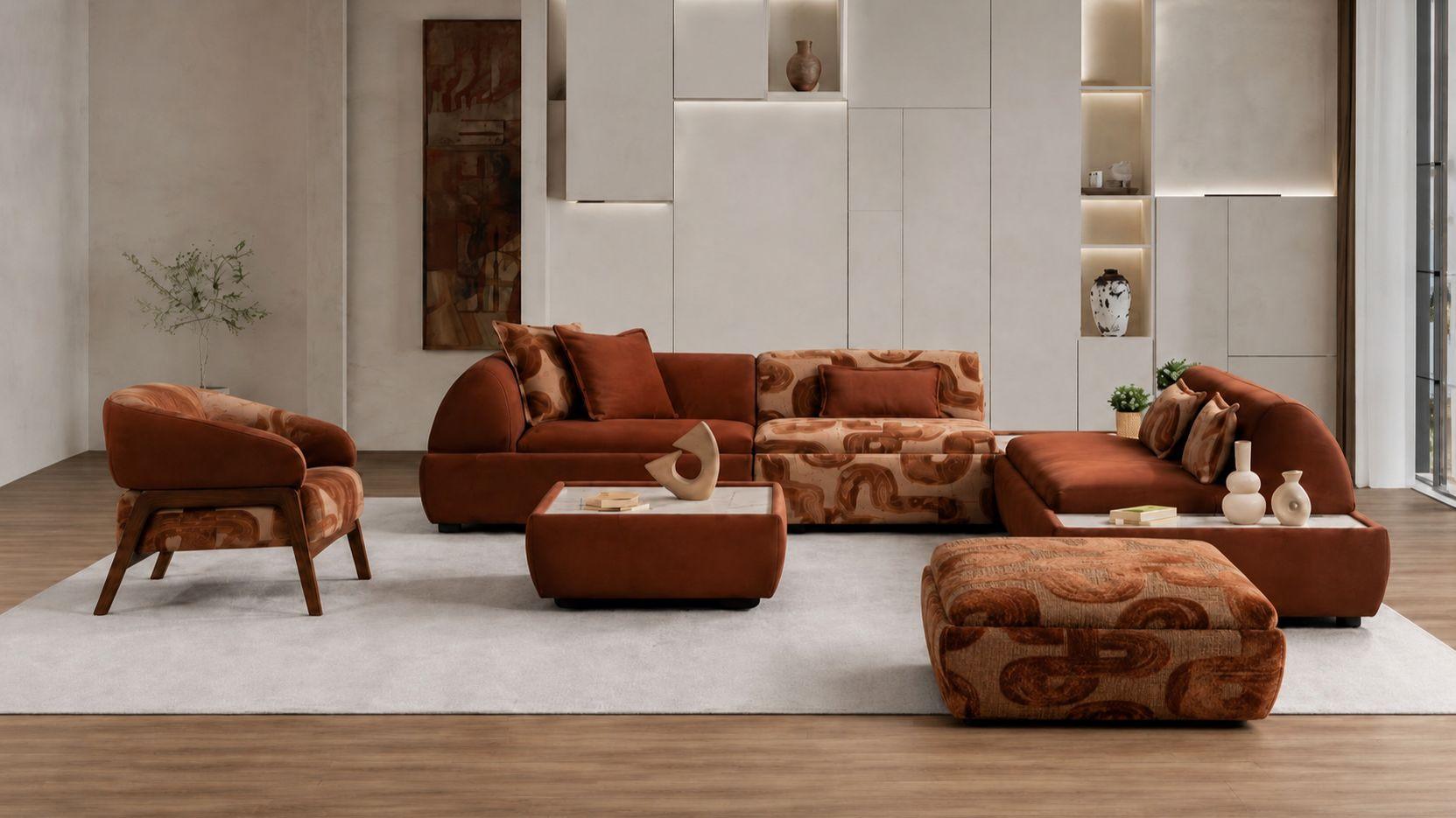 Ecksofa L-Form Sessel Pouff Kaffetisch Braun Wohnzimmer Modern bequem